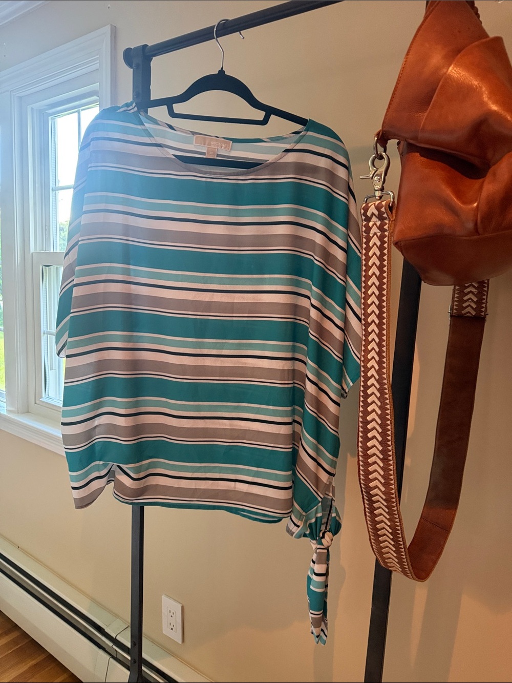 Michael Kors Teal, White & Gray Striped Side-Tie Blouse